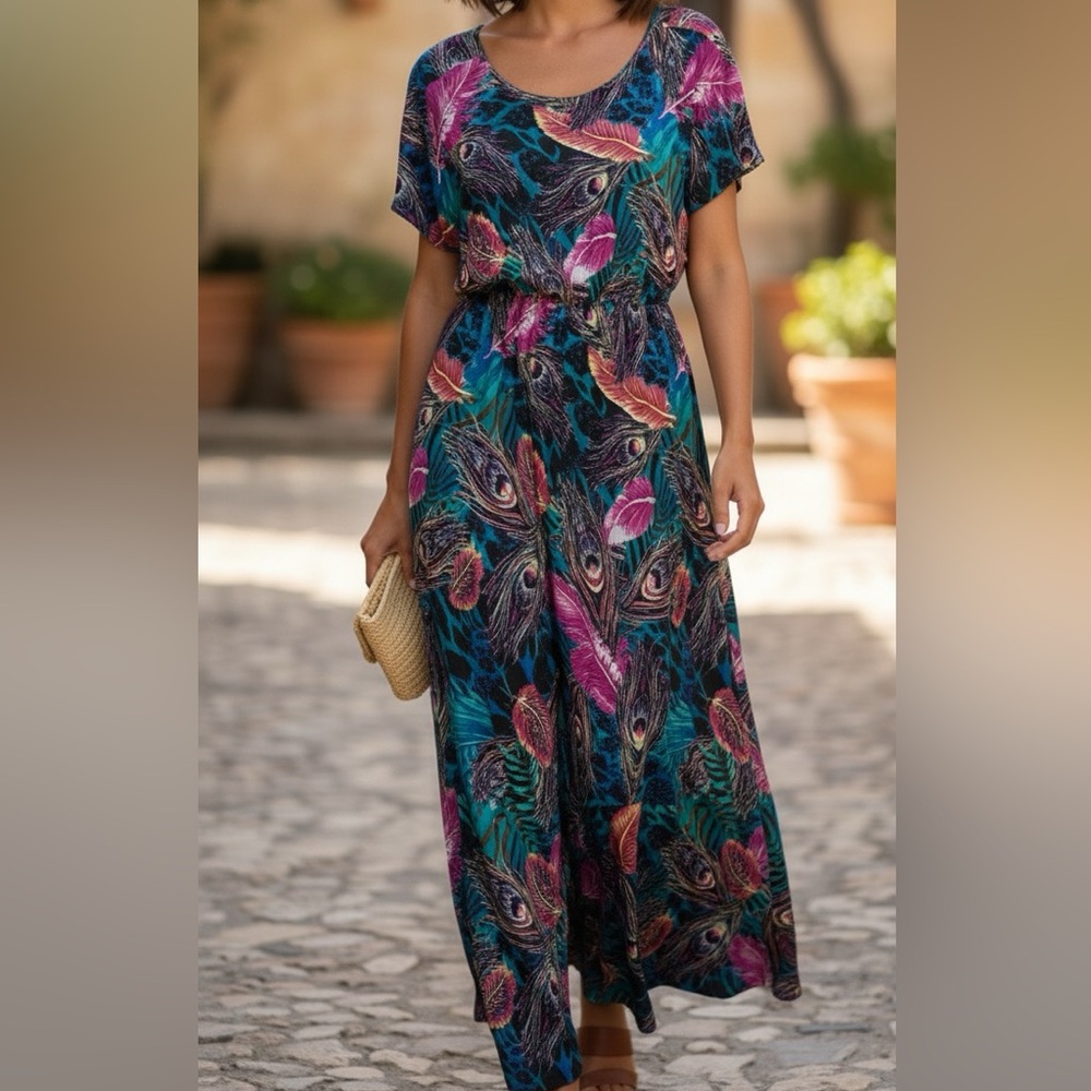 India Boutique Boho Peacock Feather Maxi Dress Free Size Festival Caftan